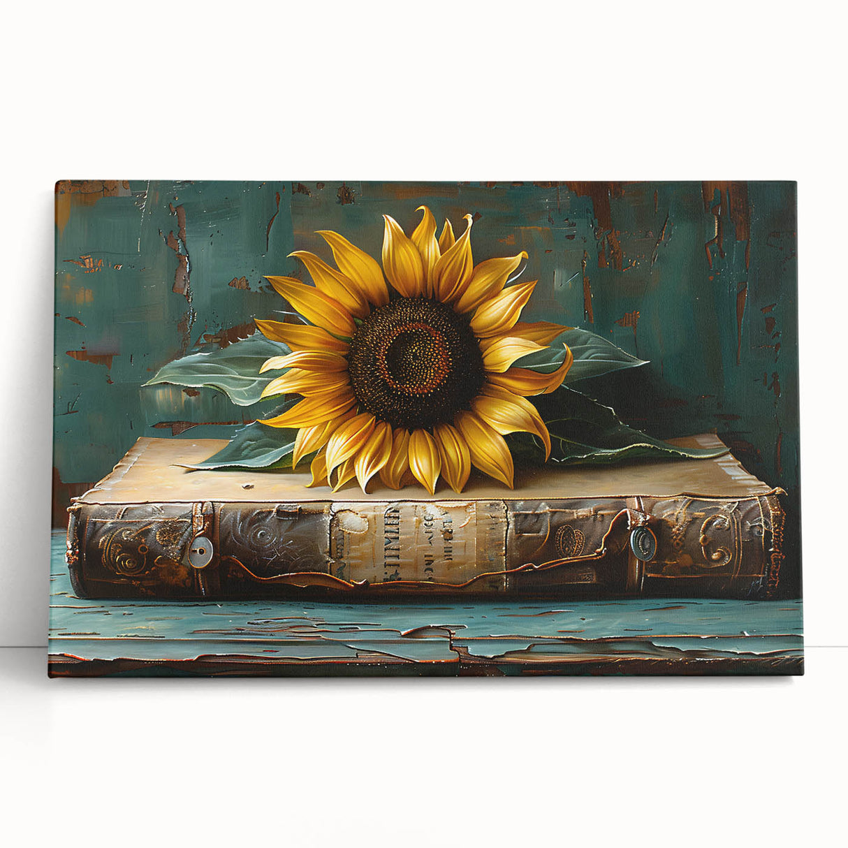 Stretched canvas wall art showcasing a vibrant sunflower botanical design with rich yellow and green hues, perfect for home decor and nature enthusiasts.