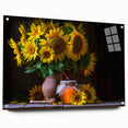 Side view of an acrylic glass wall art piece featuring a vibrant sunflower botanical design, showcasing its sleek edges and pin mounting, perfect for home decor.