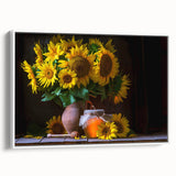 Framed canvas wall art showcasing a vibrant botanical sunflower design with a white frame, ideal for home decor and brightening up any space.