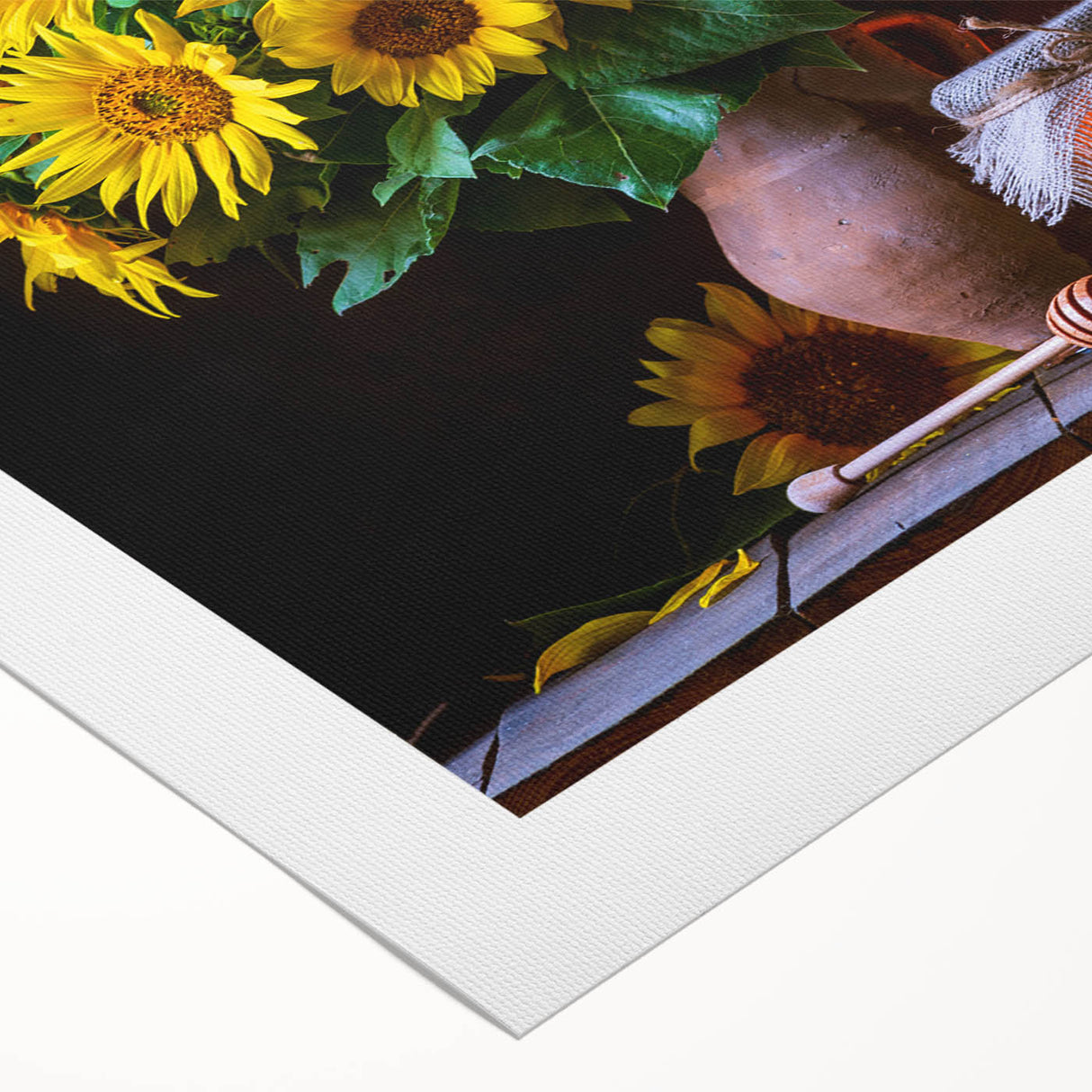 Rolled canvas print showcasing a vibrant botanical sunflower design with detailed yellow petals and green leaves, ideal for home decor and art enthusiasts.
