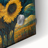 Close-up of a vibrant sunflower botanical wall art piece, showcasing detailed yellow petals and green leaves, perfect for brightening home decor and enhancing interior aesthetics.