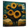 Acrylic wall art featuring a botanical sunflower design, showcasing vibrant yellow petals and green foliage, elegantly displayed from a side view with pins for easy hanging.