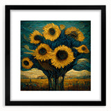 Botanical wall art featuring a vibrant sunflower design, framed with a matte black finish, showcasing intricate details and colors, perfect for home decor.