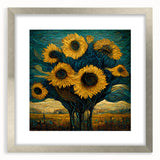 Botanical wall art featuring a vibrant sunflower design in a sleek silver frame with a mat, perfect for enhancing home decor and adding a touch of nature.