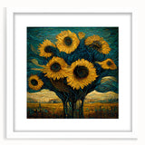 Framed botanical wall art featuring a vibrant sunflower design with a white mat, showcasing intricate floral details and bright colors against a minimalist backdrop. Perfect for enhancing home decor with a touch of nature.