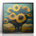 Framed wall art showcasing a vibrant sunflower botanical design, featuring a sleek black frame and acrylic glass, perfect for brightening home decor.