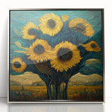 Framed wall art showcasing a botanical sunflower design with vibrant yellow petals and intricate details, set in a sleek silver frame, perfect for brightening any room.