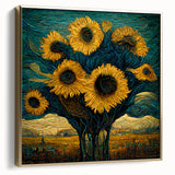 Framed botanical wall art featuring vibrant sunflowers in silver and gold tones, ideal for home decor, adding a touch of nature-inspired elegance to any space.