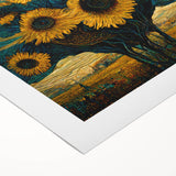 Botanical wall art featuring a vibrant sunflower design on rolled canvas, showcasing intricate details and bright yellow hues, ideal for home decor.