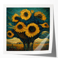 Vibrant botanical wall art print showcasing a detailed sunflower design, emphasizing rich yellow petals and green leaves, perfect for home decor or floral-themed spaces.