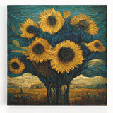 Stretched canvas wall art featuring a vibrant botanical sunflower design, showcasing intricate details and bright yellow petals, perfect for home decor.