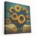 Stretched canvas artwork showcasing a vibrant sunflower design with intricate botanical details, ideal for brightening home decor in living spaces or offices.