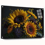 Acrylic glass wall art featuring a vibrant botanical sunflower design, showcasing bright yellow petals and green leaves, elegantly pinned for display in a modern decor setting.