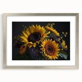 Botanical wall art featuring a vibrant sunflower design in a silver frame with a white mat, showcasing detailed floral illustrations perfect for home décor.