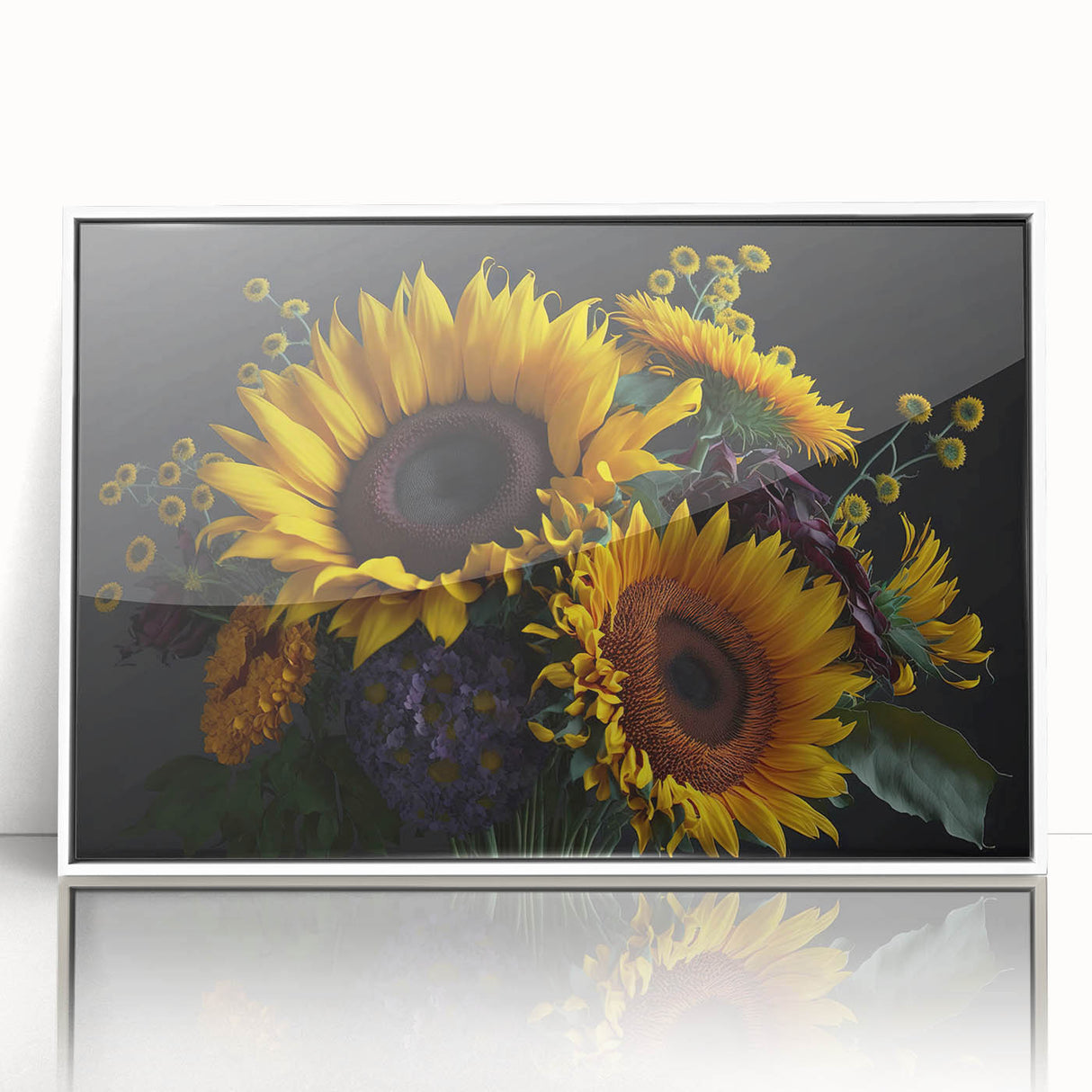 Framed acrylic wall art featuring a vibrant botanical sunflower design, showcasing bright yellow petals and detailed green leaves, ideal for home decor.