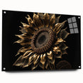 Acrylic glass wall art showcasing a vibrant sunflower design, elegantly displayed from the side with decorative pins, ideal for home decor enthusiasts seeking botanical inspiration. Perfect for adding a cheerful touch to any space.
