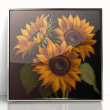 Framed acrylic wall art showcasing a vibrant sunflower design with a silver frame, perfect for adding a touch of nature-inspired elegance to any room's decor.