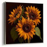 Framed botanical wall art featuring a vibrant sunflower design on canvas, set in a sleek silver frame, perfect for brightening home decor.