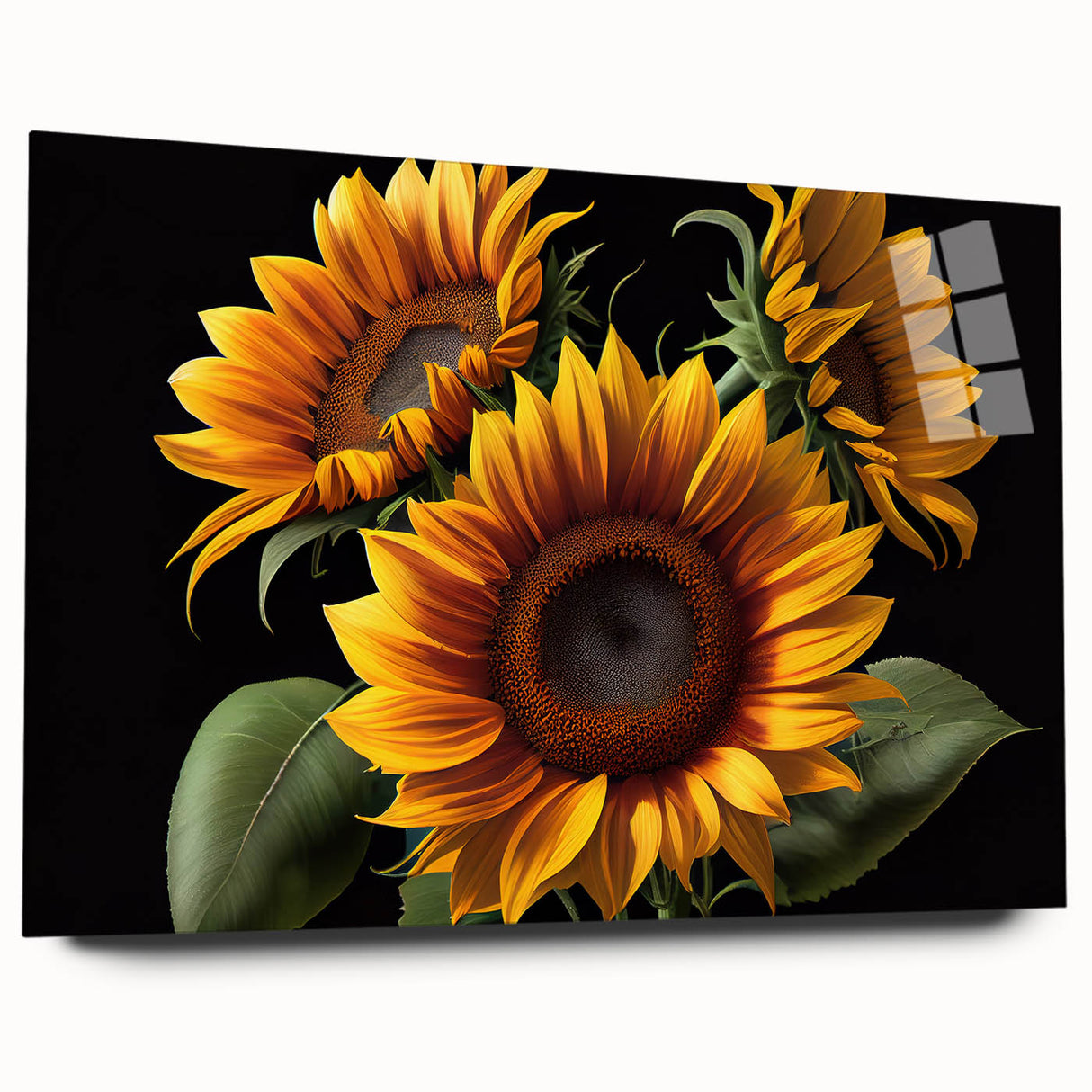 Side view of a vibrant sunflower botanical wall art piece, showcasing intricate details and colors, framed in acrylic glass for a modern decor touch.