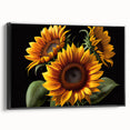 Framed canvas wall art featuring a vibrant botanical sunflower design, showcasing rich yellow petals against a black background, ideal for home decor.