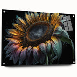 Botanical wall art featuring a vibrant sunflower design displayed in acrylic glass, showcasing intricate details and a modern side view with visible mounting pins.