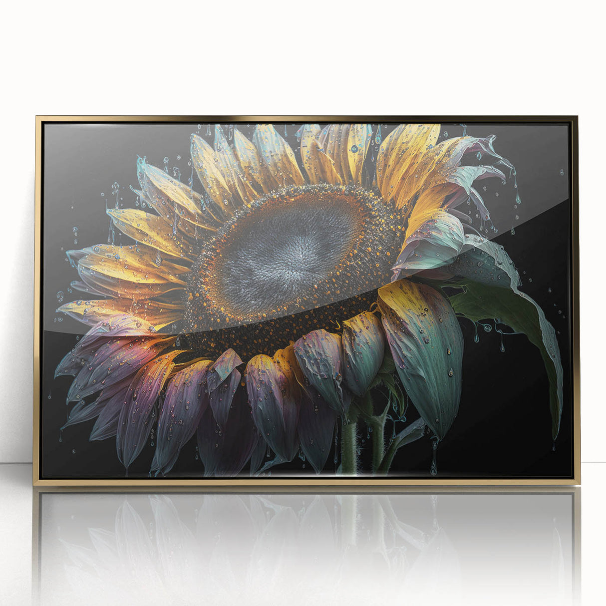 Framed botanical wall art featuring a vibrant sunflower design with an elegant gold frame, perfect for adding a touch of nature-inspired decor to home interiors.