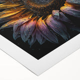 Bright and vibrant rolled canvas wall art featuring a detailed sunflower botanical design, showcasing rich yellows and greens, perfect for home decor or gifts.