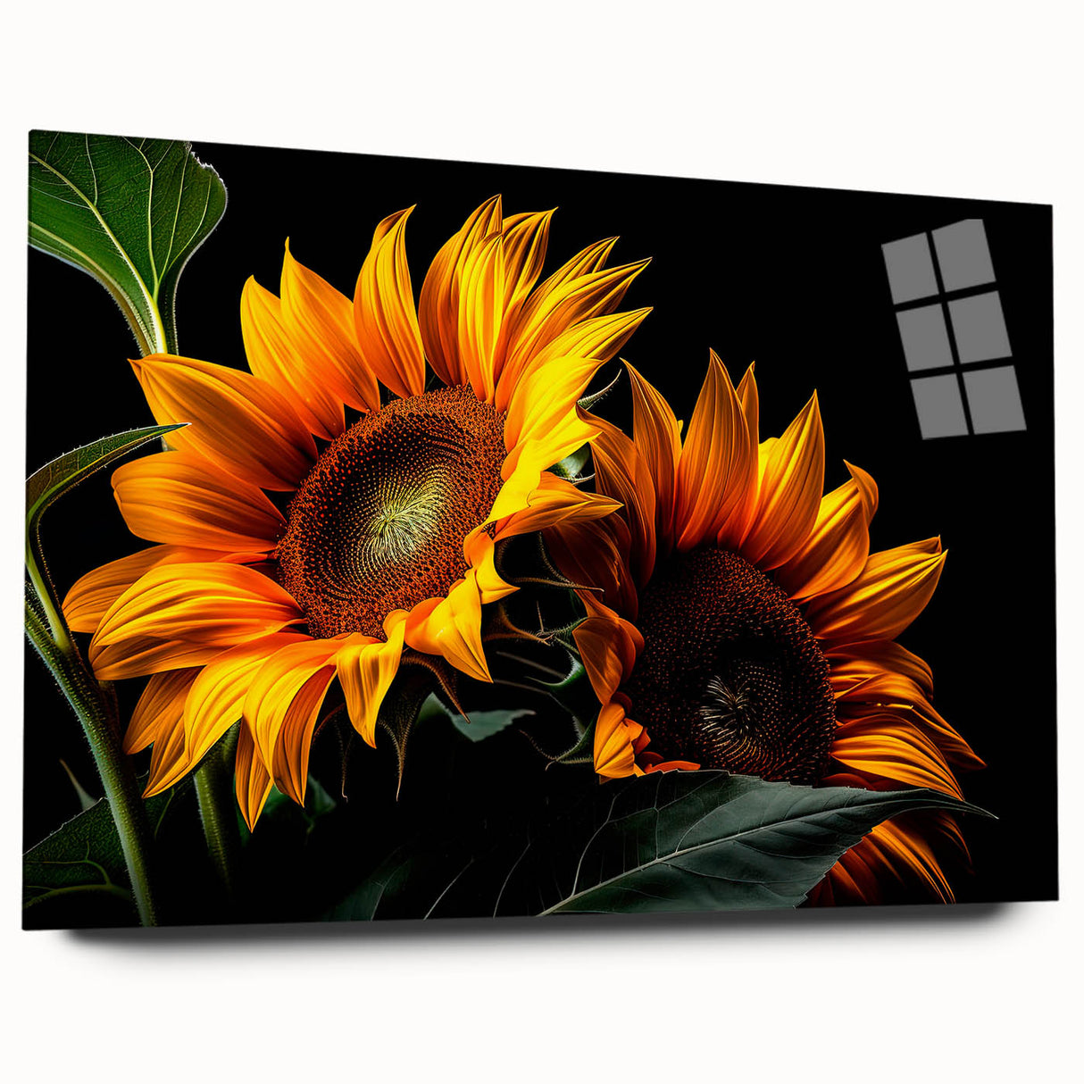 Botanical wall art design showcasing vibrant sunflowers on acrylic glass, elegantly displayed in a side view. Perfect for brightening up any space with a touch of nature.