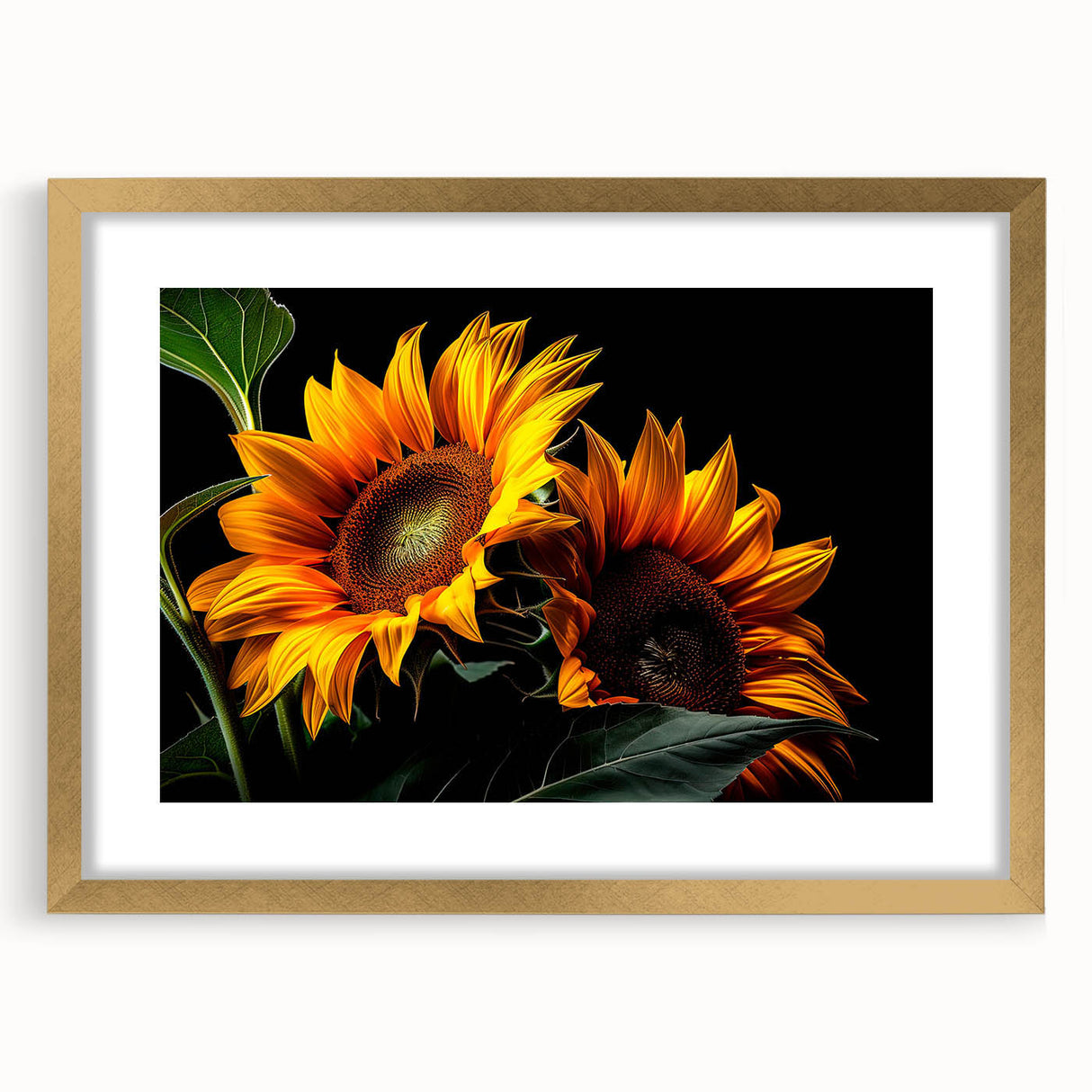Botanical wall art featuring a vibrant sunflower design, framed in elegant gold with a mat, showcasing intricate details and a modern aesthetic for home decor.