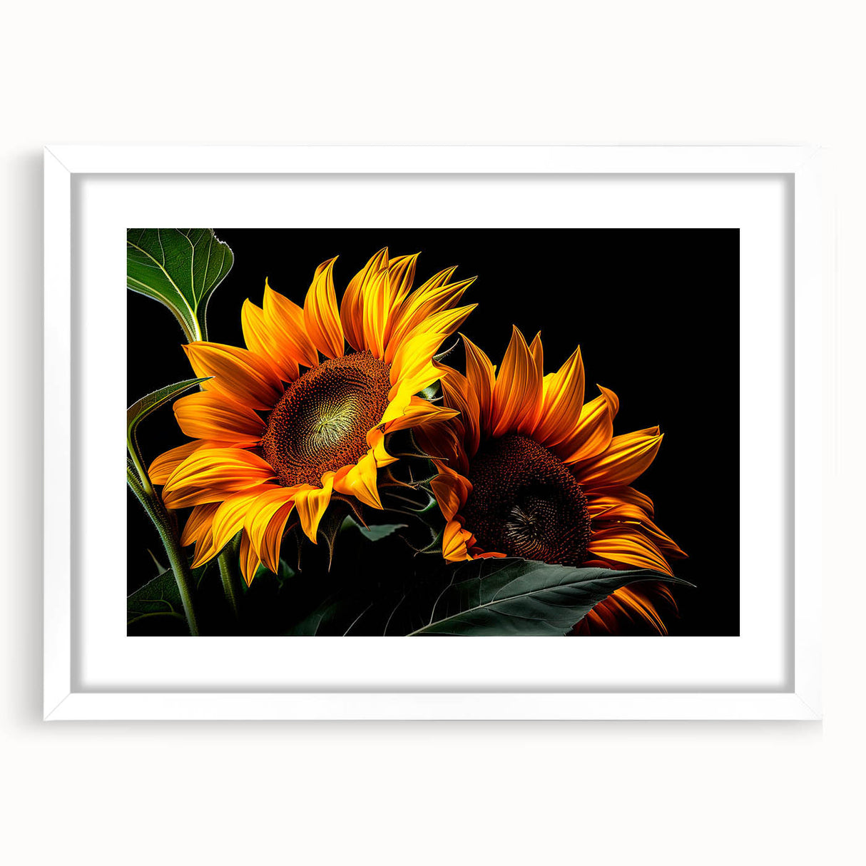 Botanical wall art print featuring vibrant sunflowers in a minimalist white frame with matting, ideal for brightening up modern decor. Perfect for nature lovers.