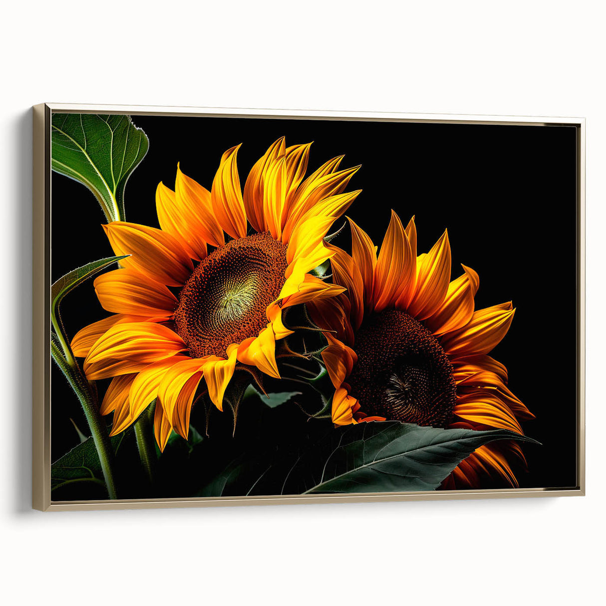 Framed canvas wall art featuring a vibrant botanical sunflower design with gold accents, showcasing a side view that highlights its elegant presentation and texture. Ideal for brightening home decor and enhancing any living space.