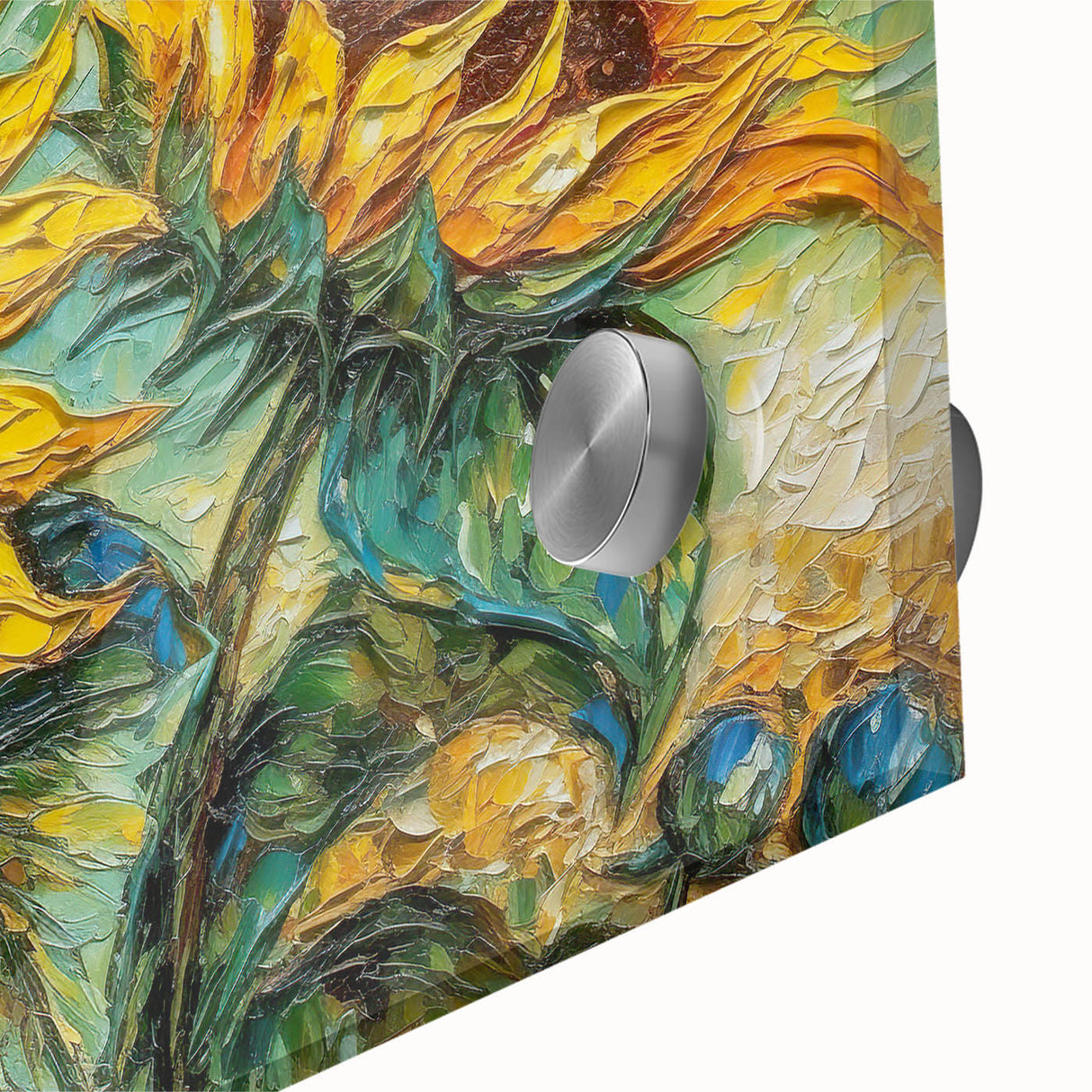 Close-up of a vibrant botanical sunflower wall art design featuring rich yellow petals and intricate details, printed on acrylic glass for a stunning display. Perfect for enhancing home decor with a touch of nature.
