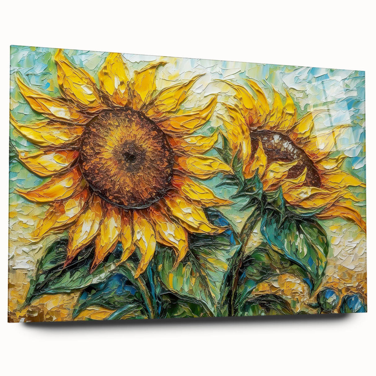 Acrylic glass wall art showcasing a vibrant sunflower botanical design, displayed at an angle to highlight its clarity and color. Ideal for enhancing home decor.