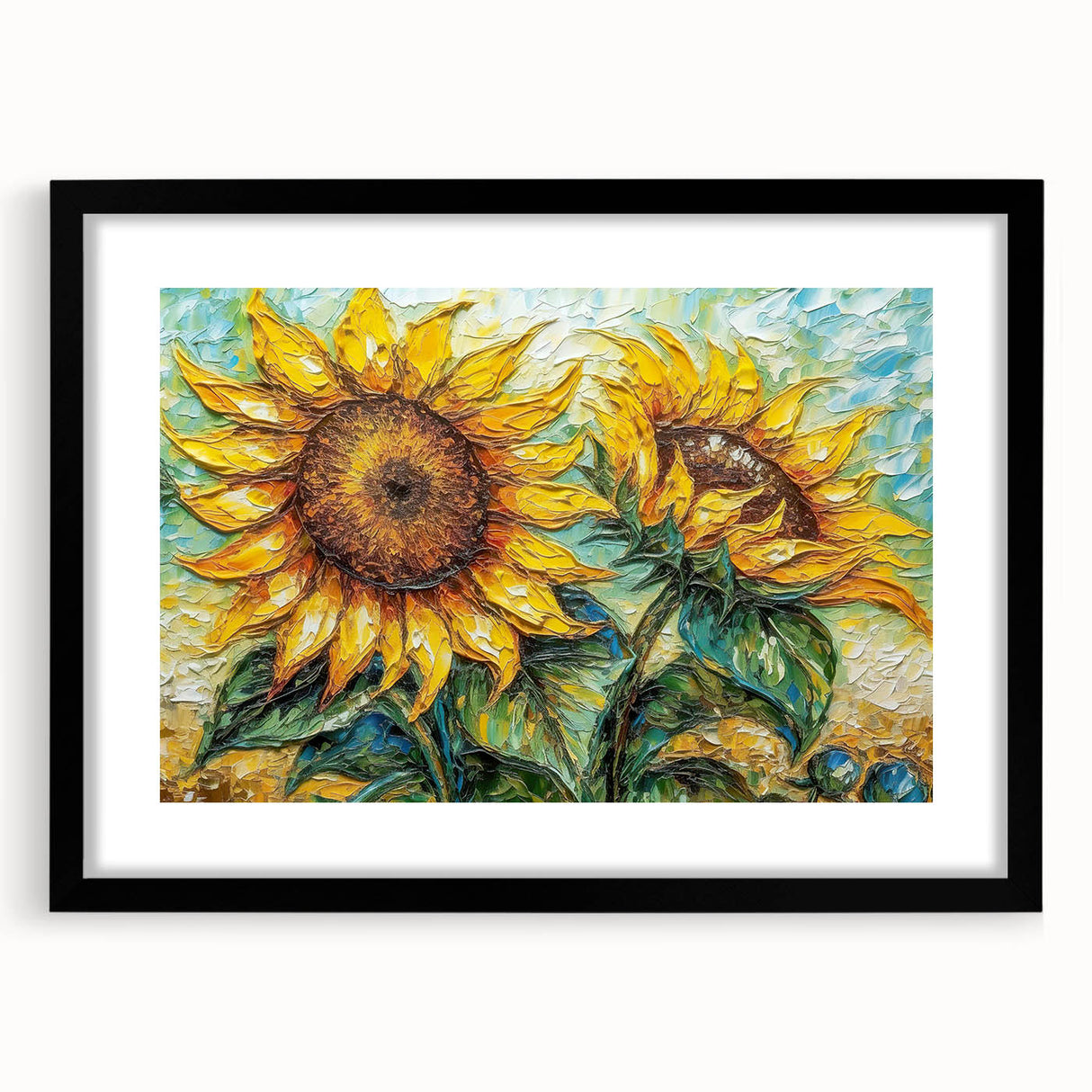 Botanical wall art collection featuring a vibrant sunflower design framed in sleek black, showcasing intricate details and textures, ideal for home decor.