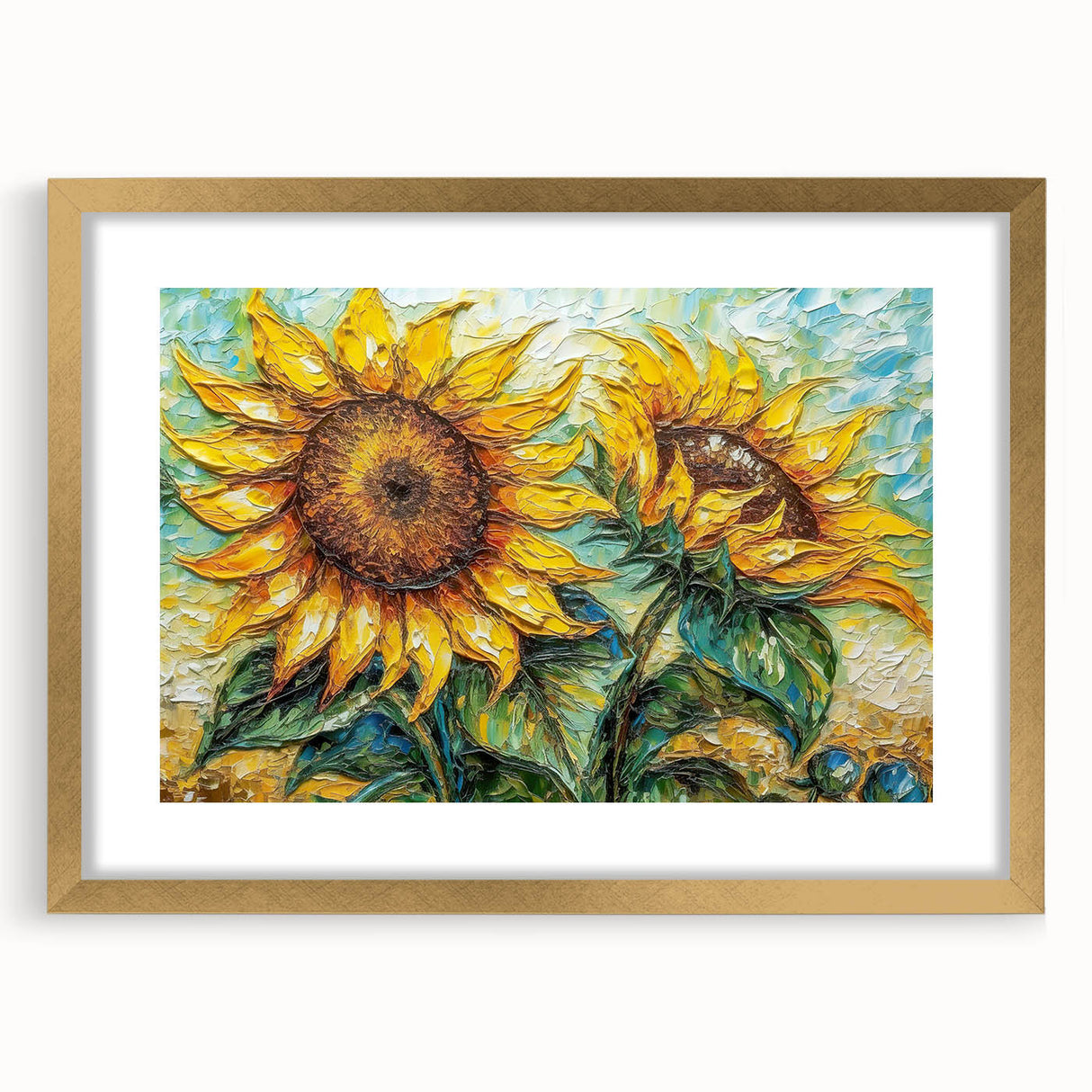 Botanical wall art featuring a vibrant sunflower design framed in gold, showcasing intricate details and a textured mat, perfect for home decor enhancement.