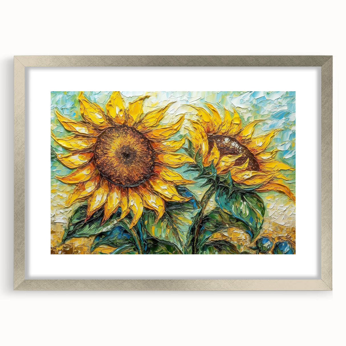 Elegant botanical wall art featuring a vibrant sunflower design framed in silver with a mat, perfect for enhancing home decor and adding a touch of nature.
