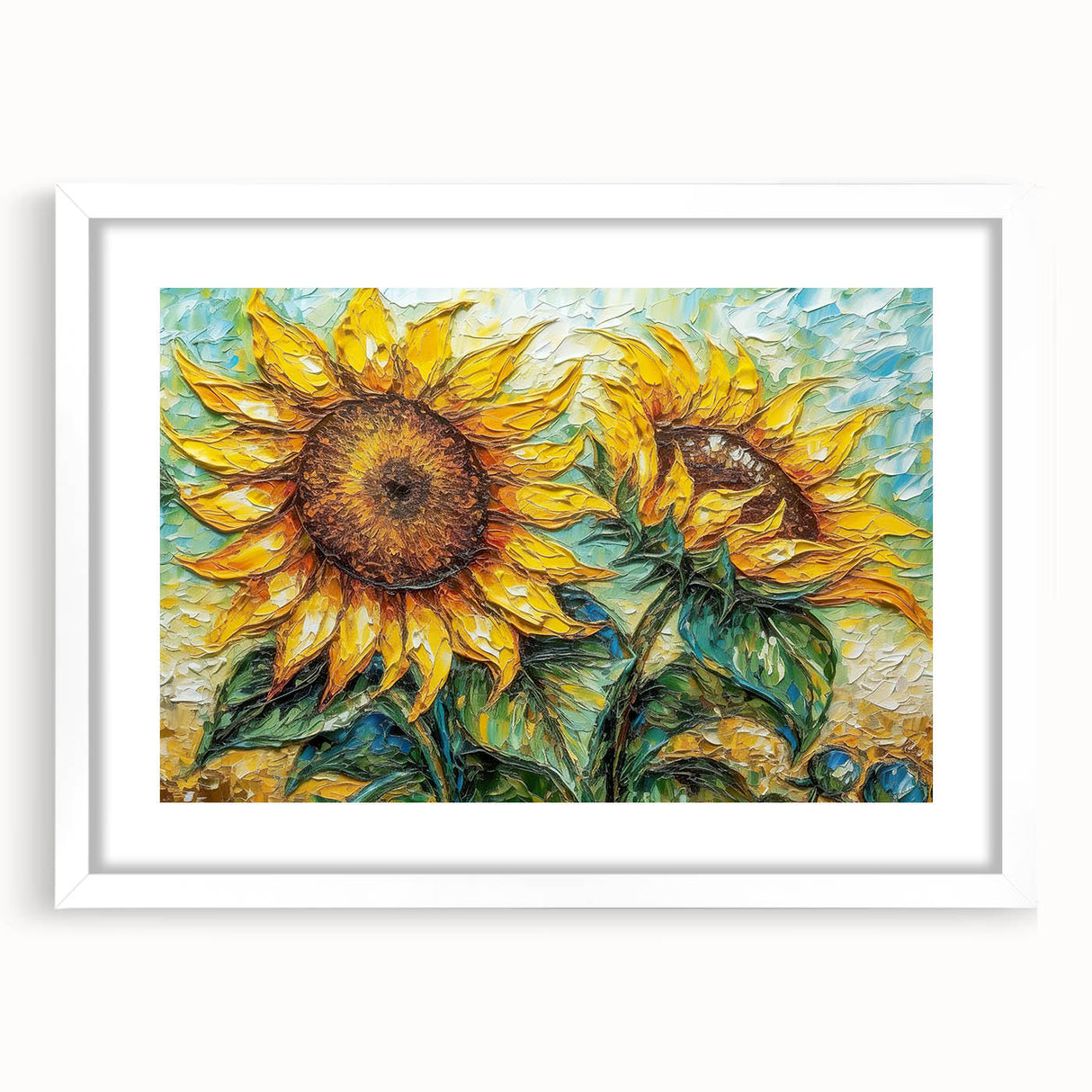 Framed botanical wall art print featuring vibrant sunflowers with a white mat, perfect for brightening home decor or adding a touch of nature-inspired elegance.