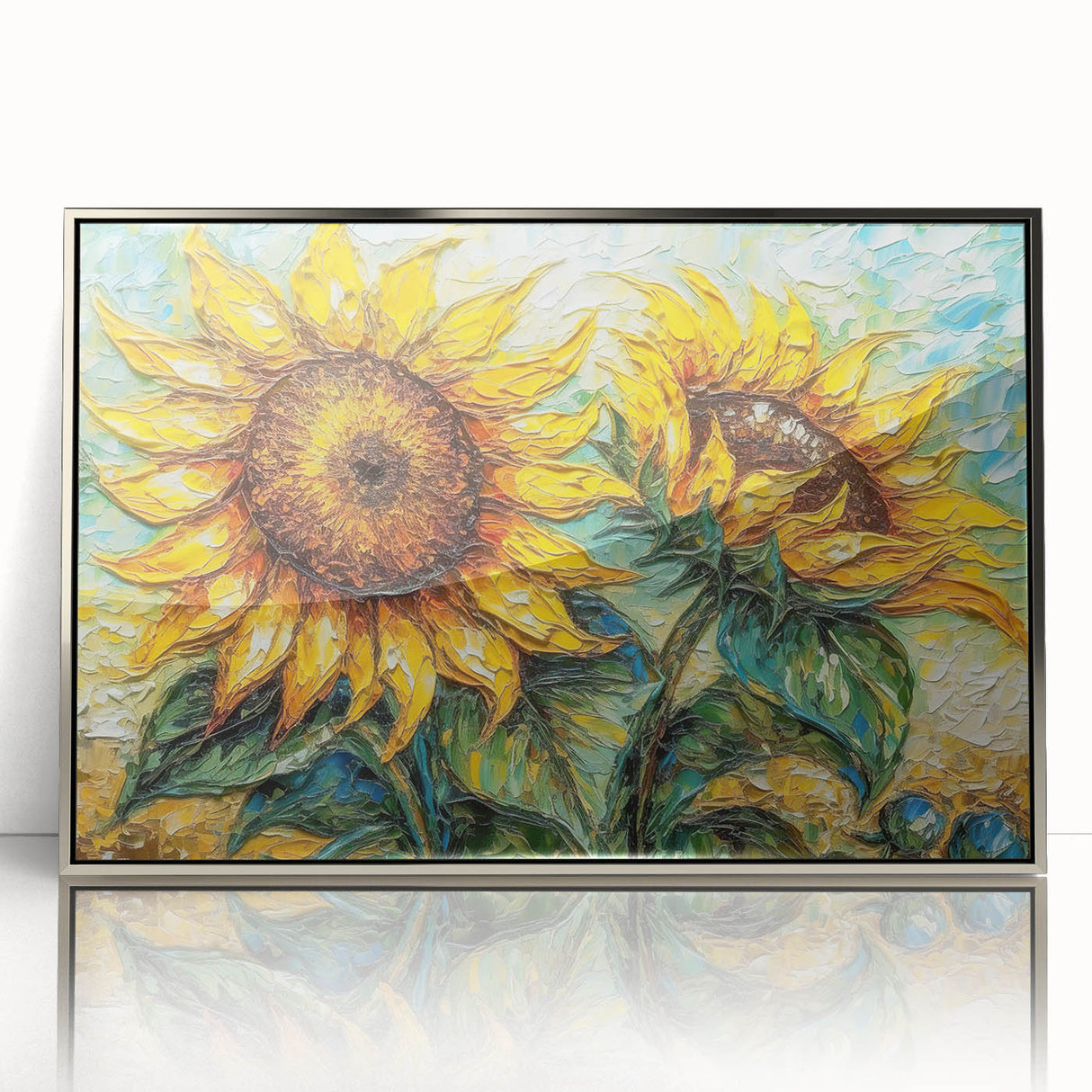 Framed wall art featuring a botanical sunflower design in vibrant yellow and green hues, presented in a sleek silver frame, perfect for home decor.