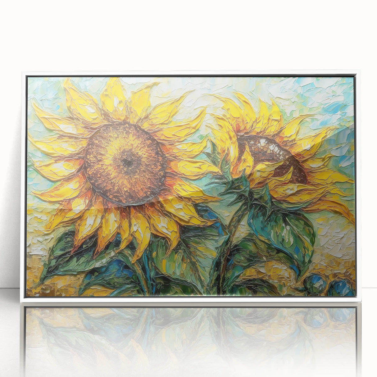 Framed wall art showcasing a vibrant botanical sunflower design with intricate details, set in a sleek white frame, perfect for home decor enhancement.