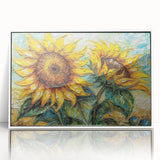 Framed wall art showcasing a vibrant botanical sunflower design with intricate details, set in a sleek white frame, perfect for home decor enhancement.