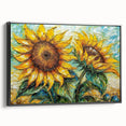 Framed canvas wall art featuring a vibrant botanical sunflower design in a sleek black frame, showcasing intricate details and vivid colors, perfect for home decor.