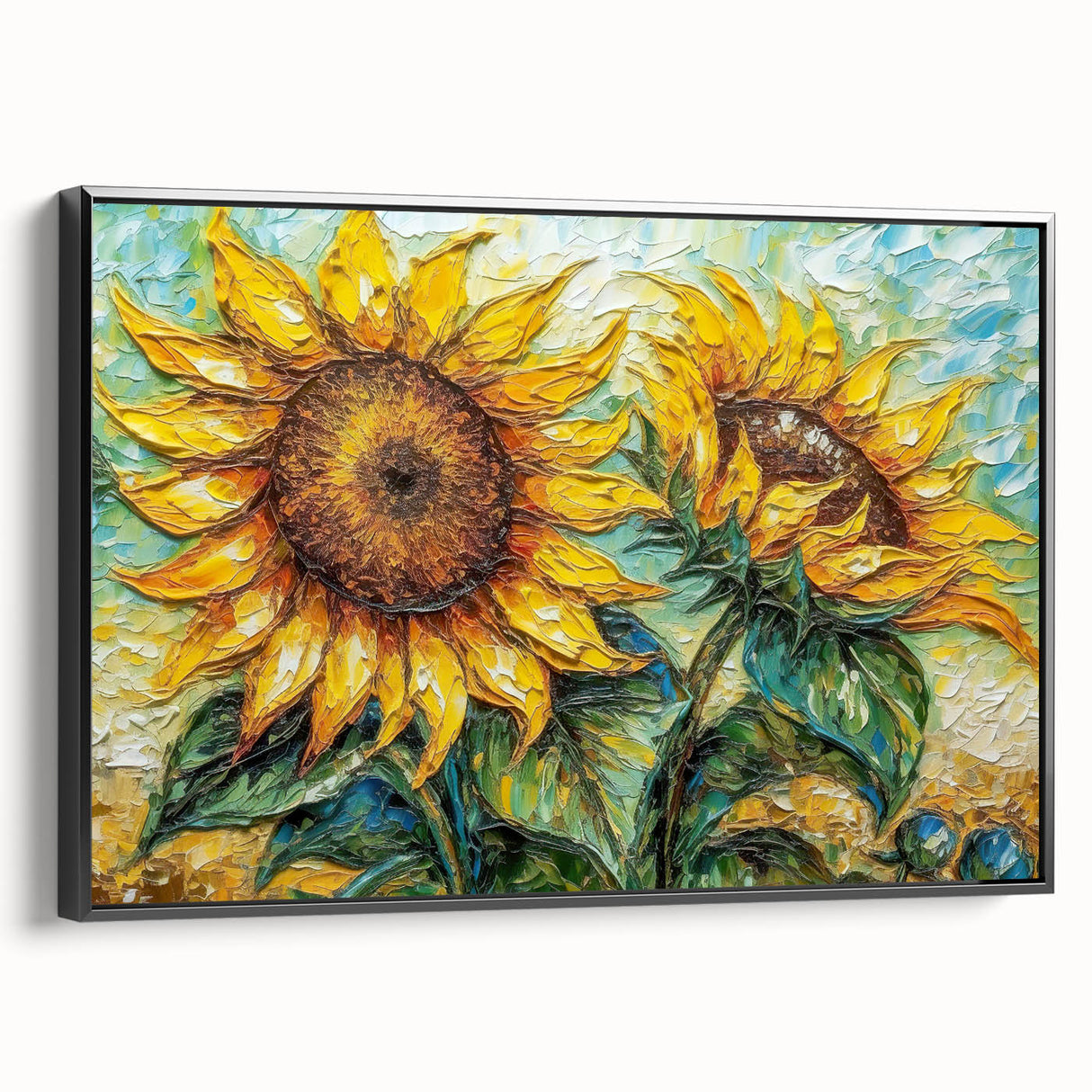 Framed canvas wall art featuring a vibrant botanical sunflower design in a sleek black frame, showcasing intricate details and vivid colors, perfect for home decor.