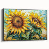 Framed canvas wall art featuring a vibrant botanical sunflower design in a sleek black frame, showcasing intricate details and vivid colors, perfect for home decor.