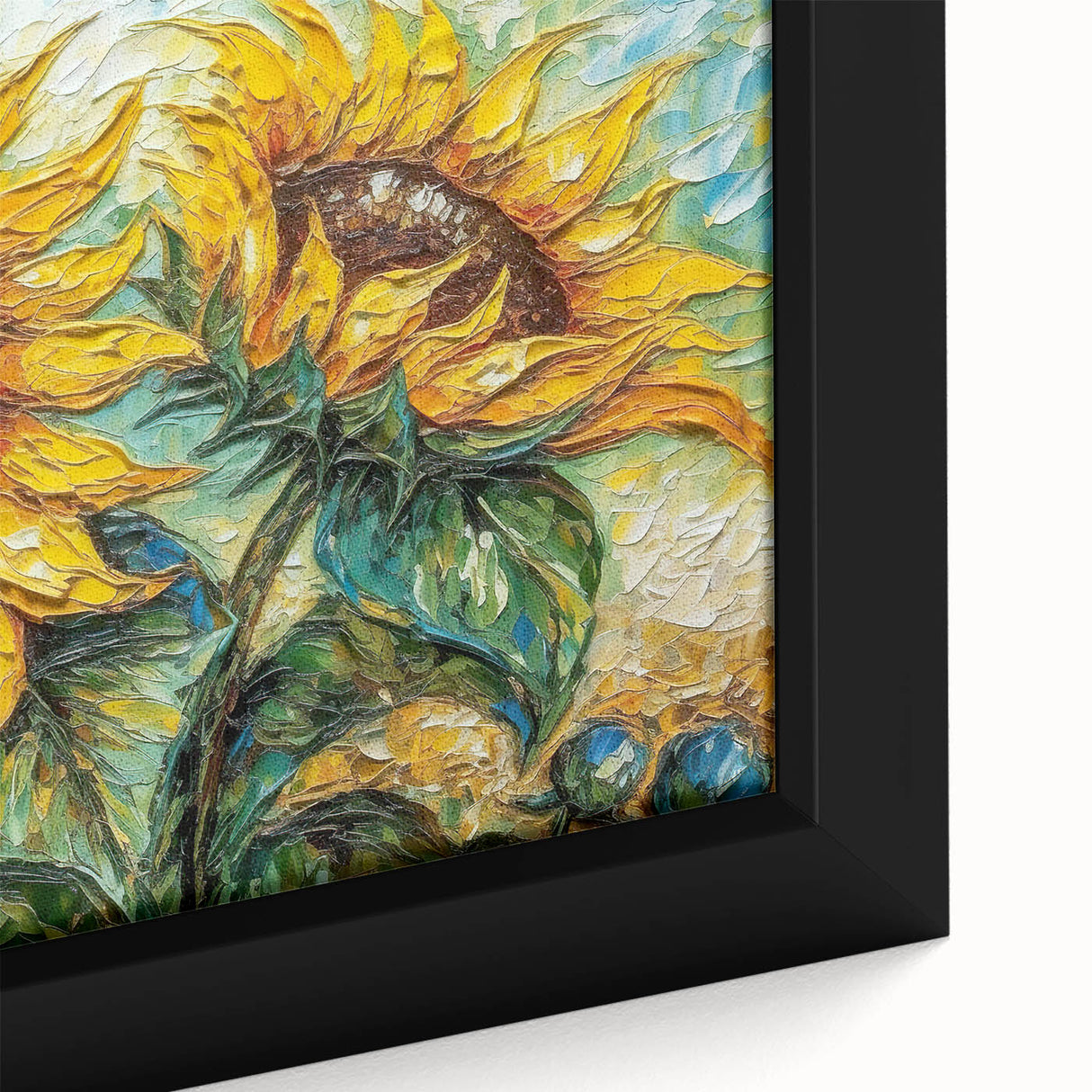 Close-up of a vibrant botanical sunflower design framed canvas wall art, showcasing intricate petal details and rich yellow hues, perfect for brightening home decor.