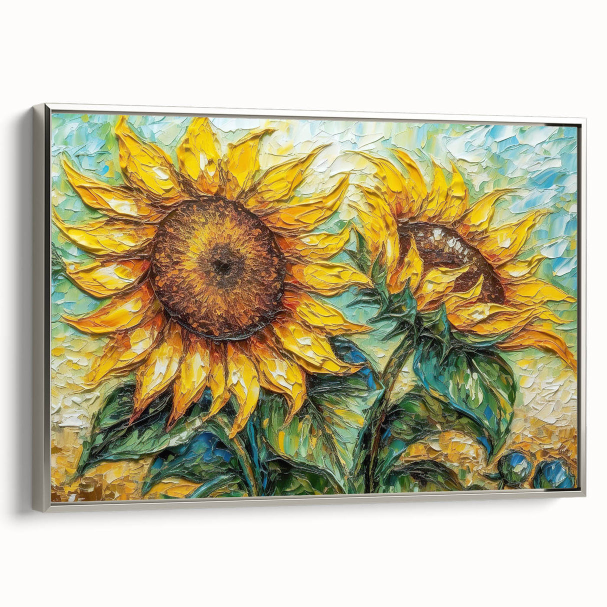 Framed botanical wall art showcasing a vibrant sunflower design with a silver frame, highlighting detailed textures and colors, perfect for home decor enhancement.
