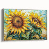 Framed botanical wall art showcasing a vibrant sunflower design with a silver frame, highlighting detailed textures and colors, perfect for home decor enhancement.