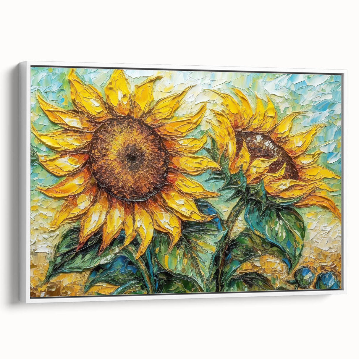 Framed canvas wall art showcasing a vibrant botanical sunflower design, featuring a white frame and side view display, perfect for home decor enhancement.