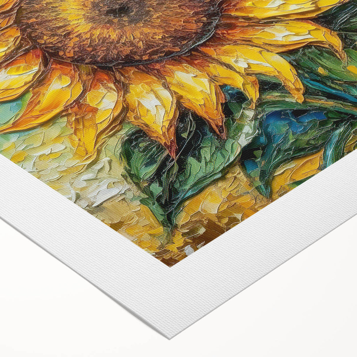 Bright and vibrant botanical wall art featuring a stunning sunflower design, printed on rolled canvas, perfect for home decor that adds a touch of nature.