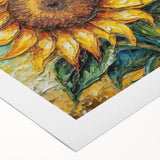 Bright and vibrant botanical wall art featuring a stunning sunflower design, printed on rolled canvas, perfect for home decor that adds a touch of nature.
