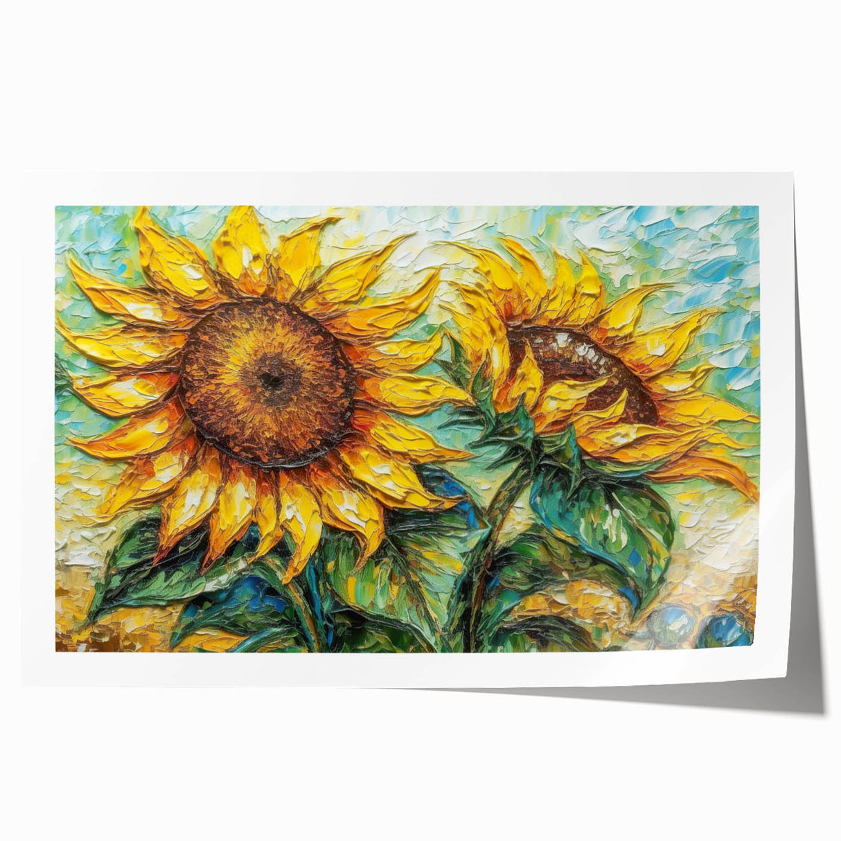 Botanical wall art featuring vibrant sunflowers in a contemporary design, beautifully rolled for easy display, showcasing intricate details and bright colors.